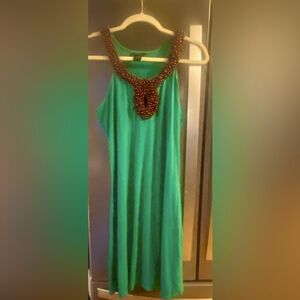 Vintage y2k MODA Intl Green with wood beads shift dress NWOT LG
